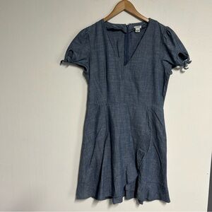 J. Crew  Women’s 8 Chambray Mini Dress Faux Wrap Ruffle Tie Sleeve Cotton Flirty